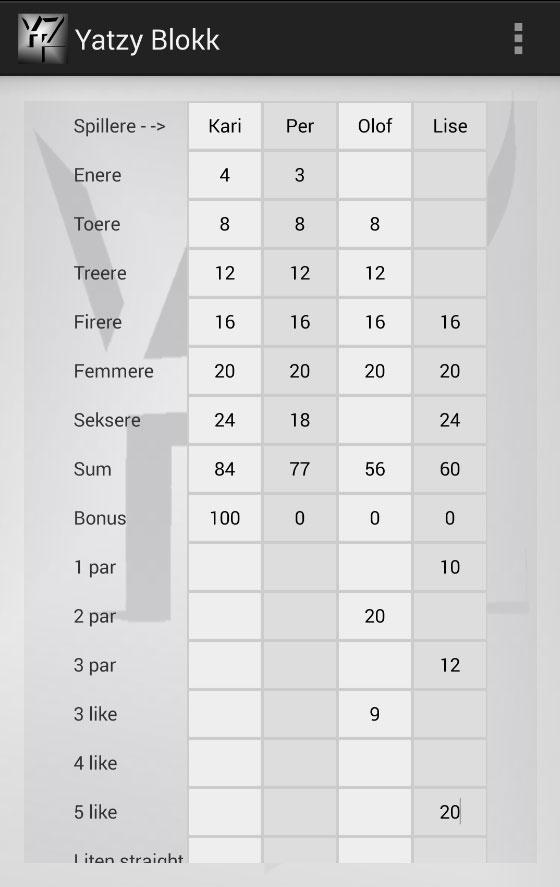 Yatzy blokk